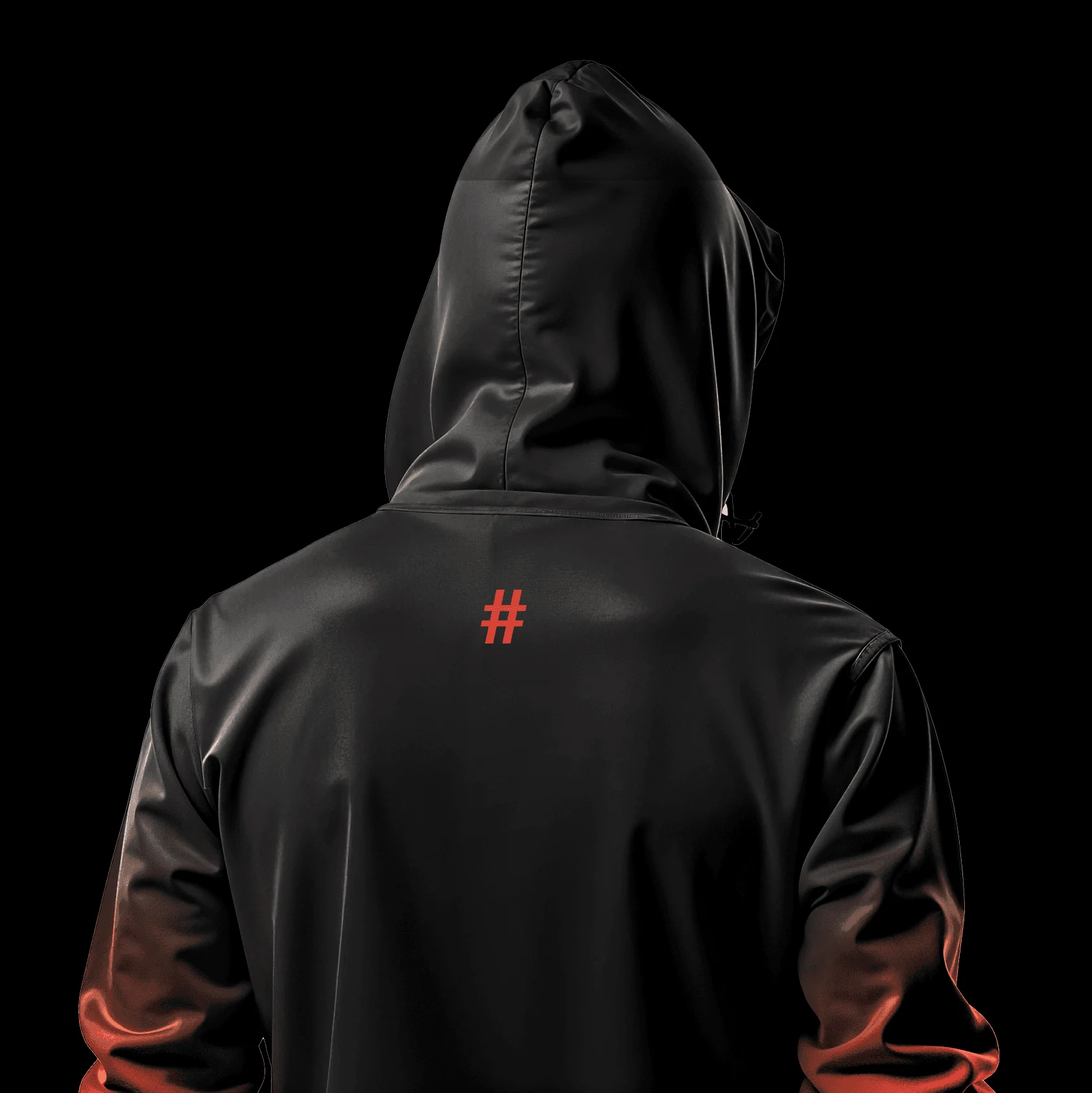 Back view of hoodie showing minimal hashtag mark as brand application