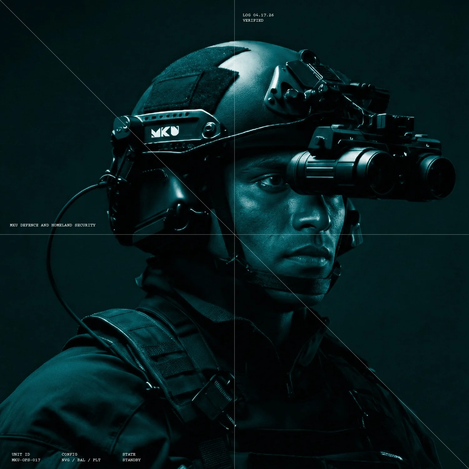 Tactical operator portrait with night-vision gear, framed in technical grid overlay