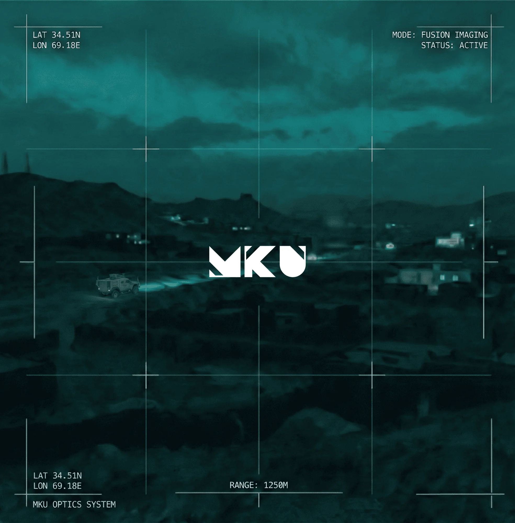 Surveillance-style interface frame with MKU mark over night terrain scene
