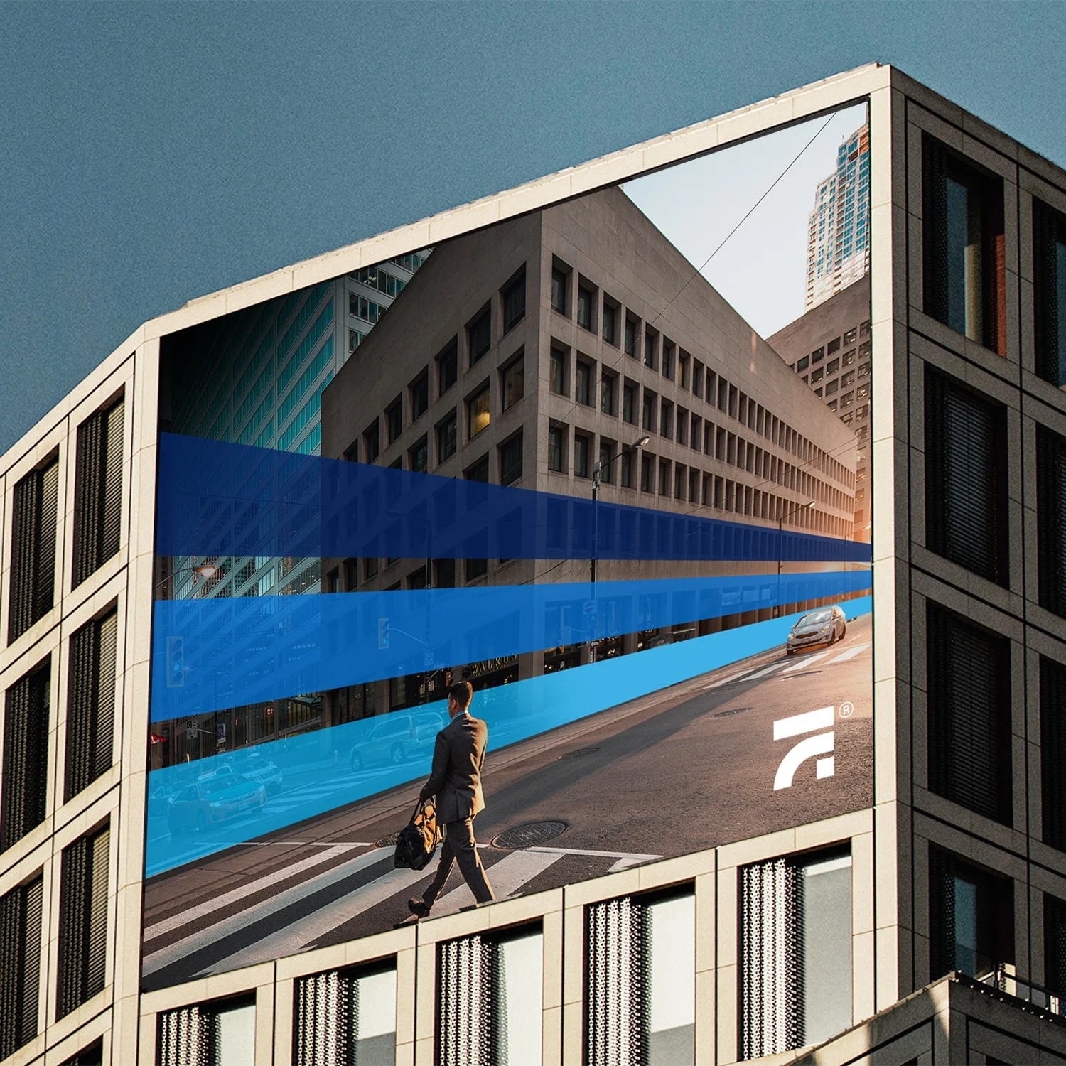 Large-format AFS billboard on building facade using modular stripe system
