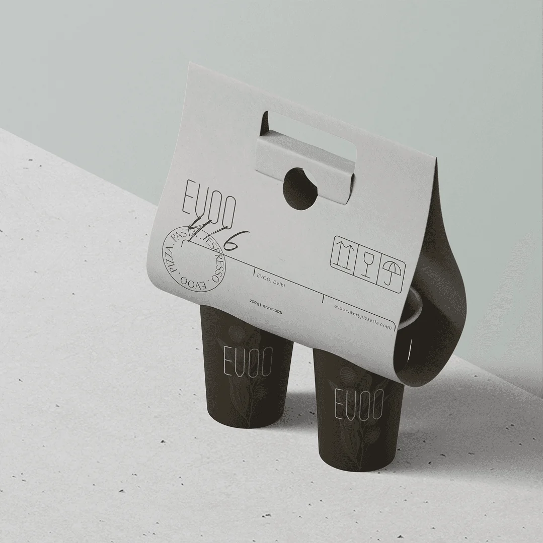 EVOO brand tags on olive oil bottles, blending rustic feel with minimal design
