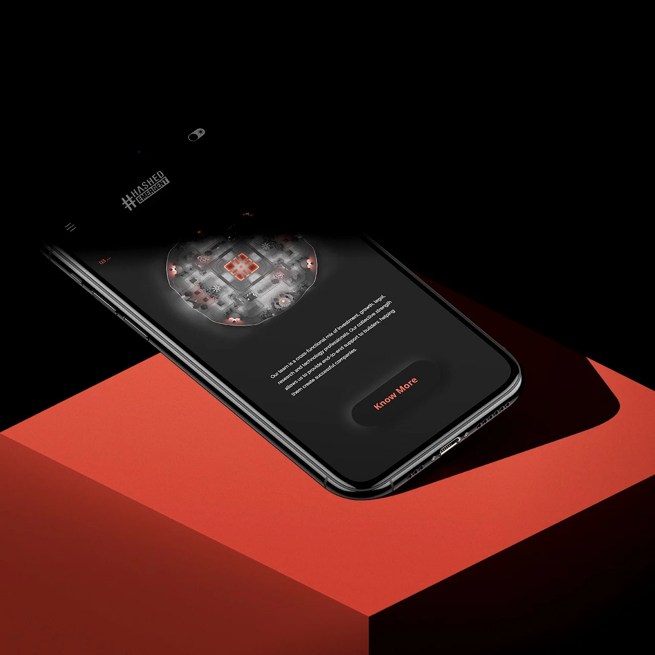 Mobile interface mockup showing Hashed Emergent landing screen with hashtag key visual