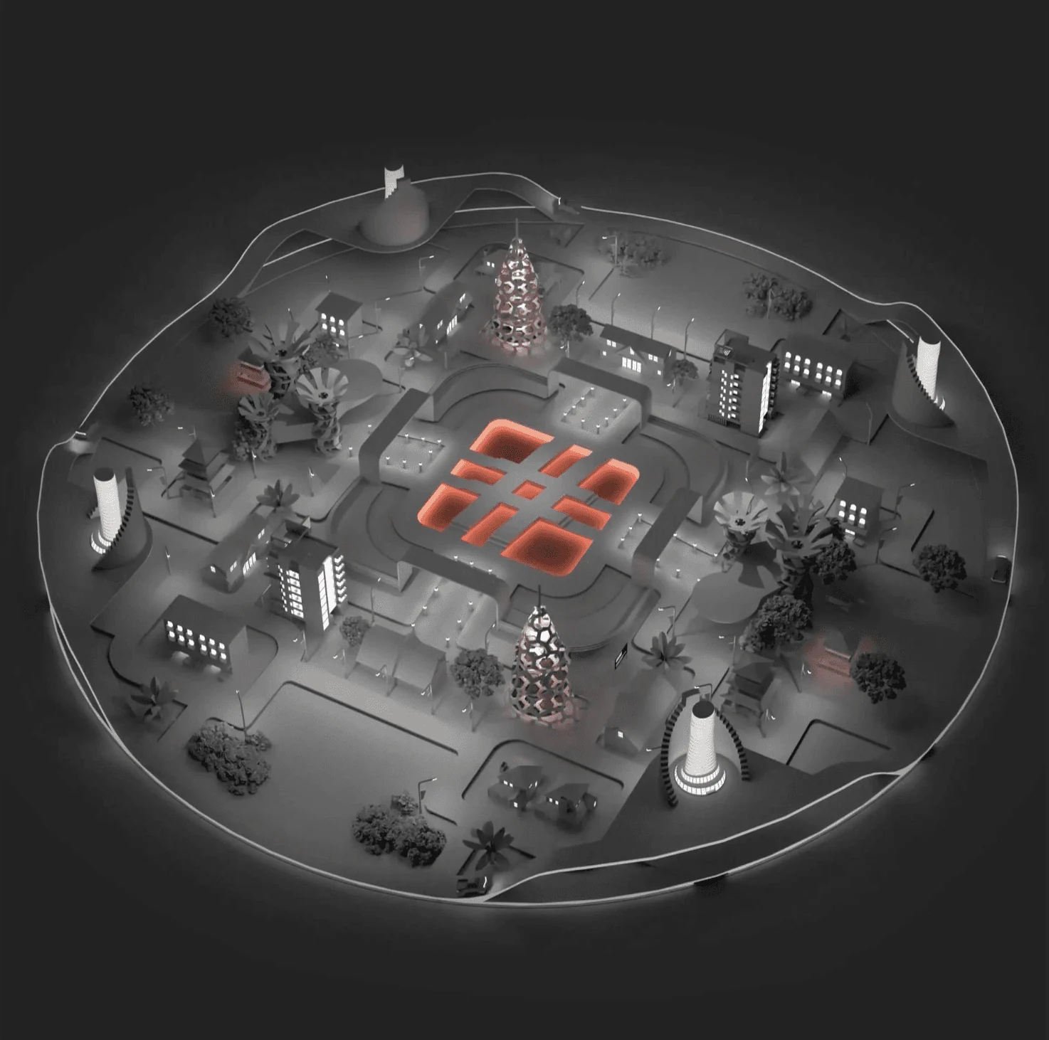 3D key visual of modular blocks forming a hashtag mark at the center of a mapped landscape