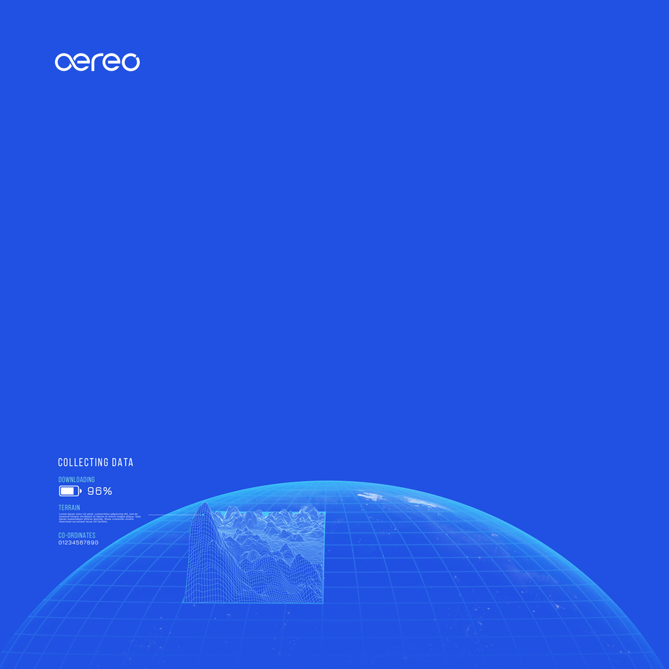 Aereo identity above a blue globe and terrain data visualisation