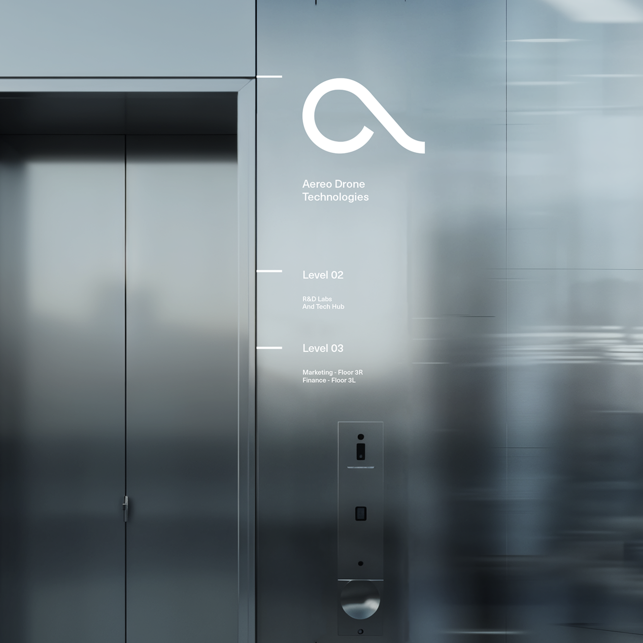 Aereo Drone Technologies identity and floor wayfinding on glass