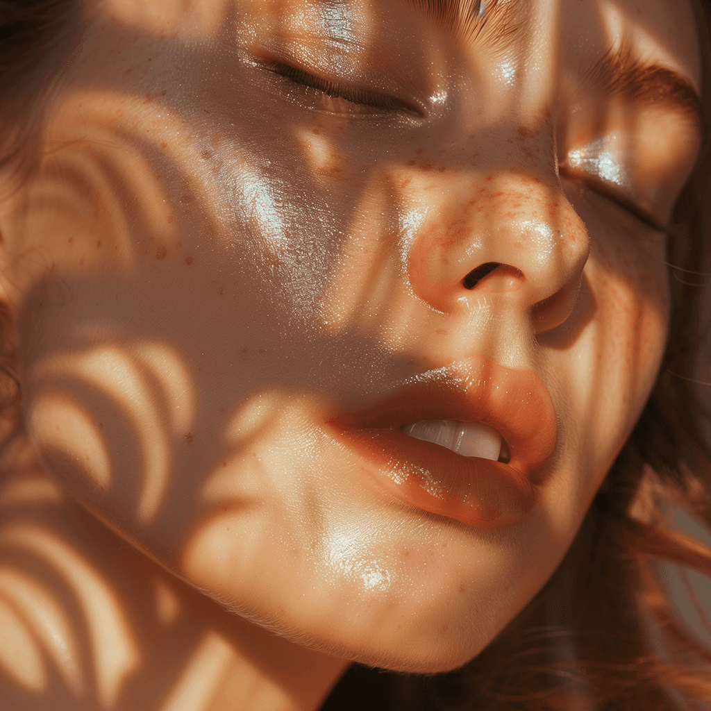 Dream Beauty portrait with warm skin and patterned sunlight