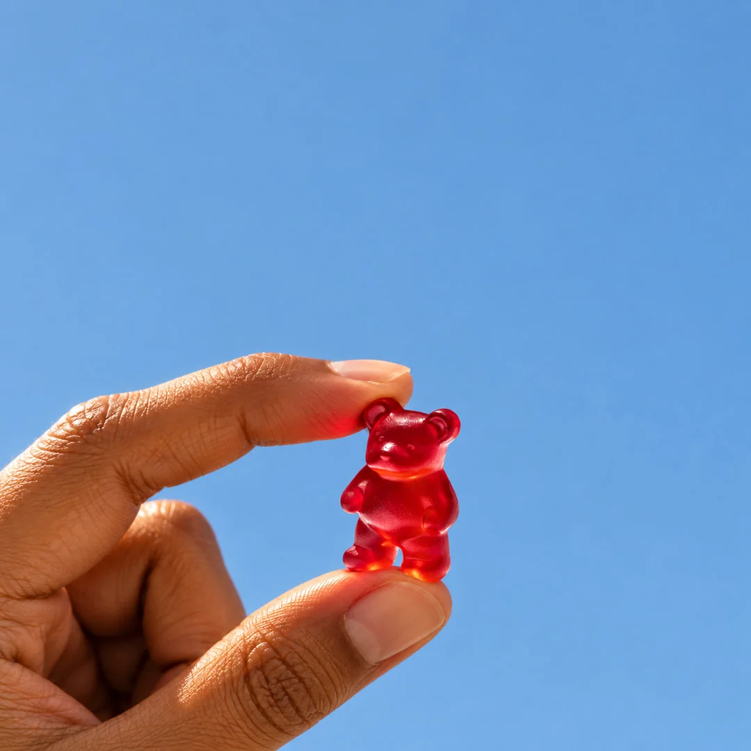 A red gummy held against a blue sky