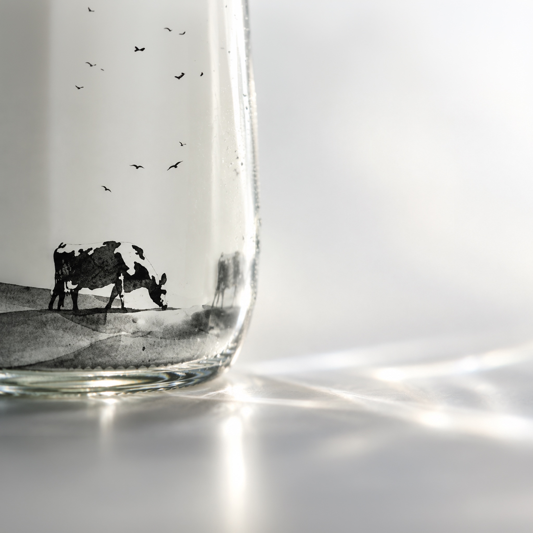 NomNom glass milk bottle detail with an illustrated grazing cow