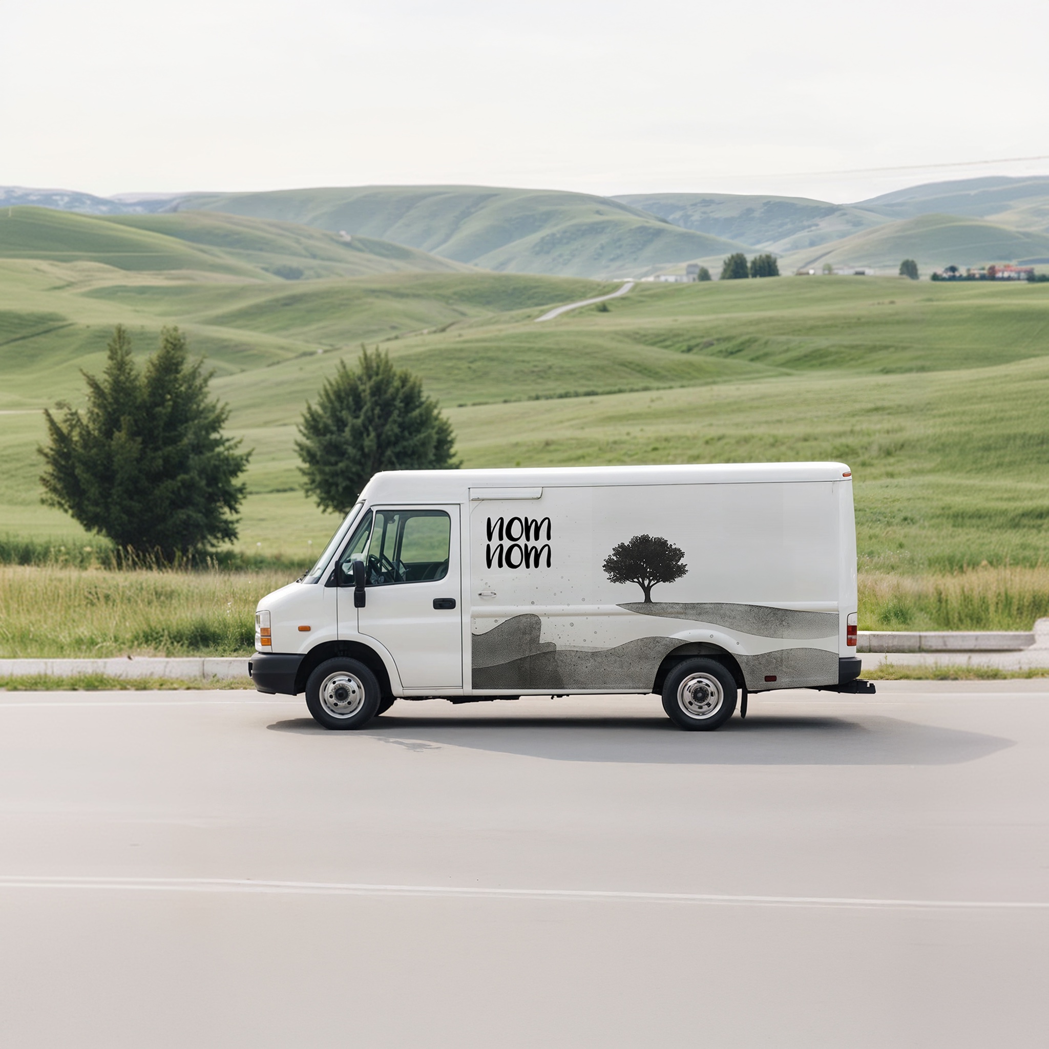 NomNom branded milk delivery van in green countryside