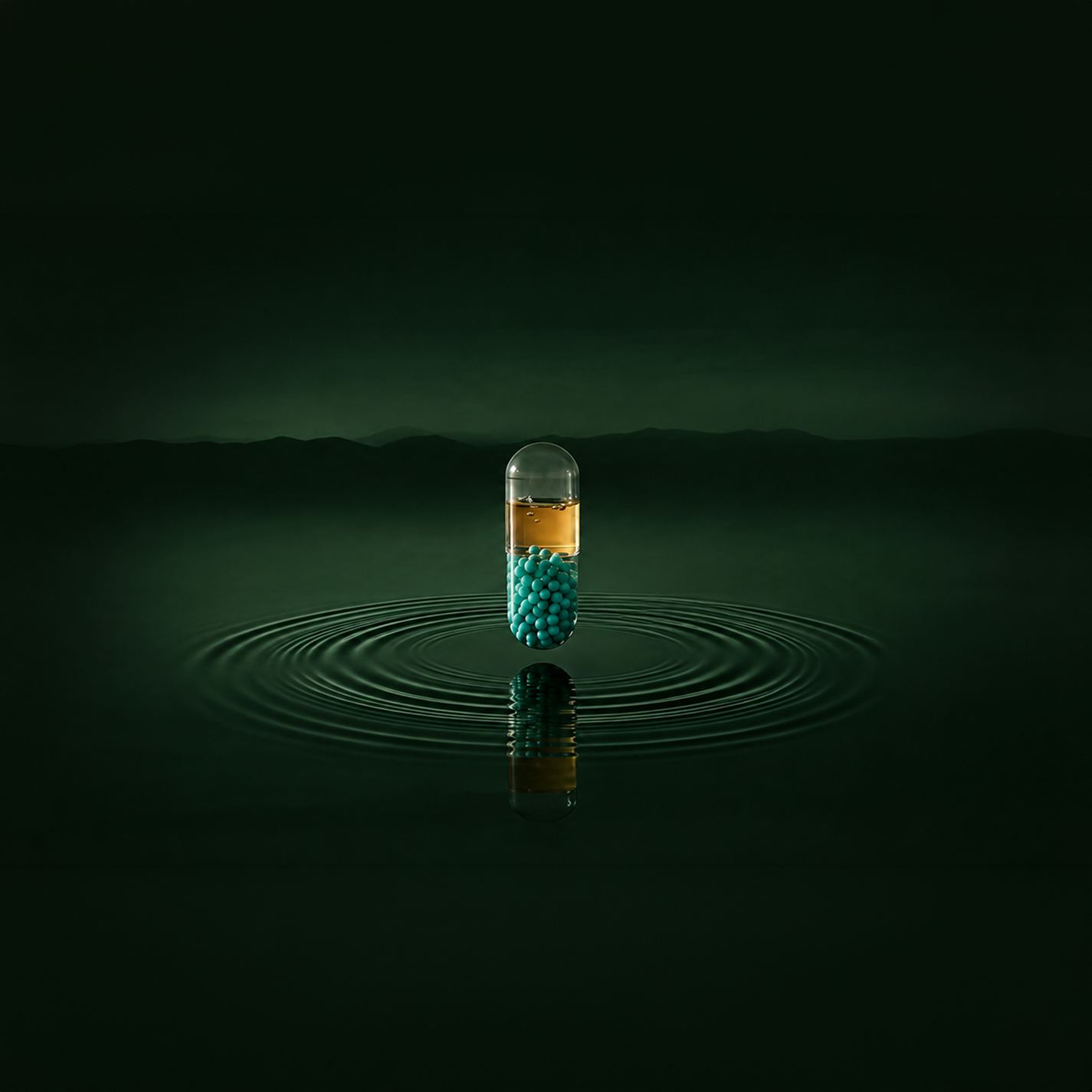 Varalife longevity supplement capsule above ripples on dark green